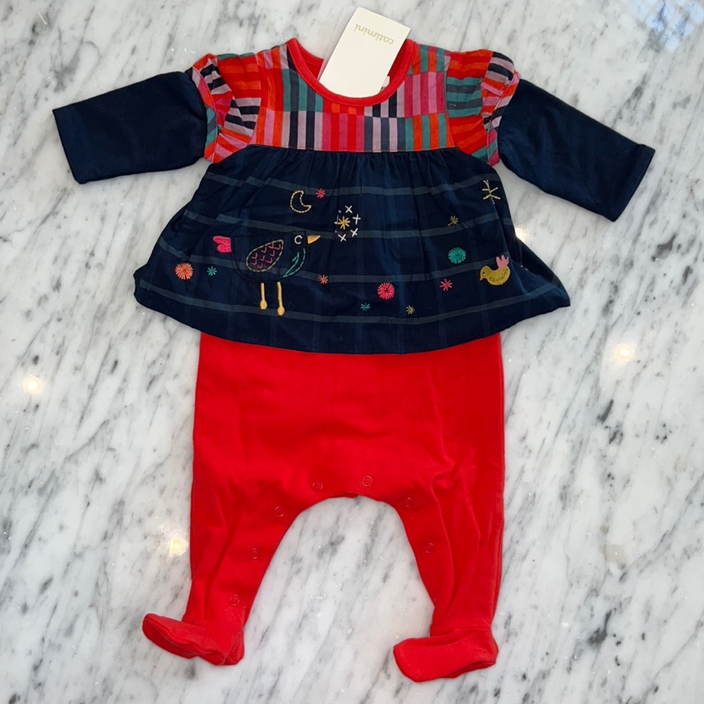 New Catamini Baby Girls Navy and Red Bird Footed Playsuit